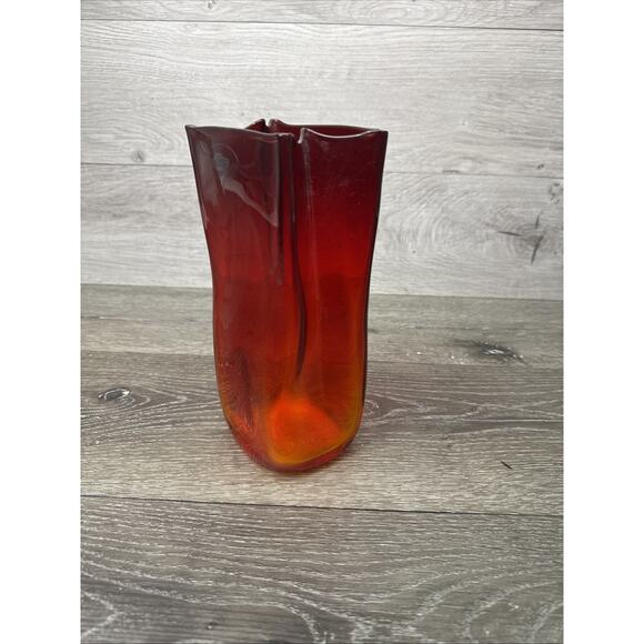 Blenko Paper Bag Vase Amberina Red To Orange Original Sticker 8-1/4” Tall - Picture 4 of 11
